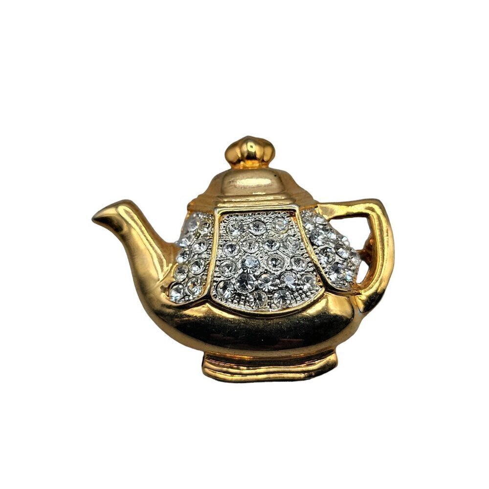 Louis Stern Rhinestone Teapot Brooch Gold Plated Sparkling Pave Glass Marked LS